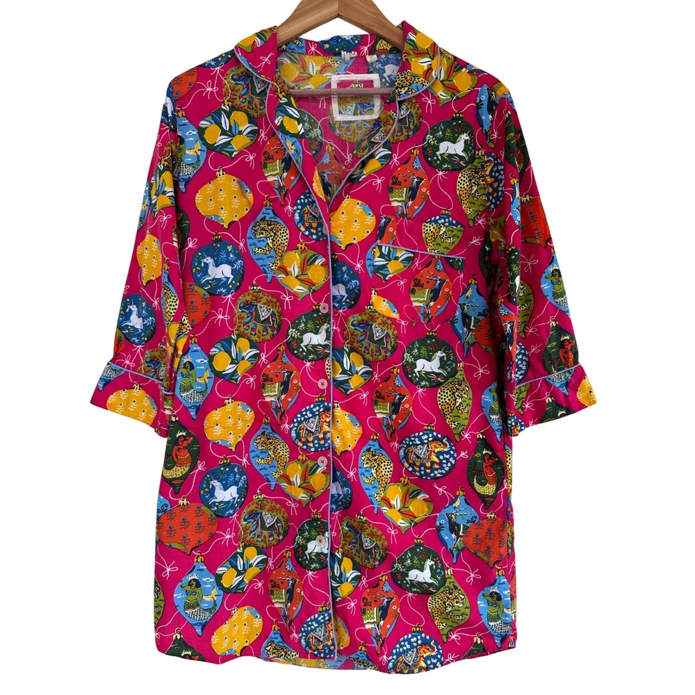 Printfresh Festive Ornaments Organic Cotton Sleep Shirt Dress XS Holiday Pajamas